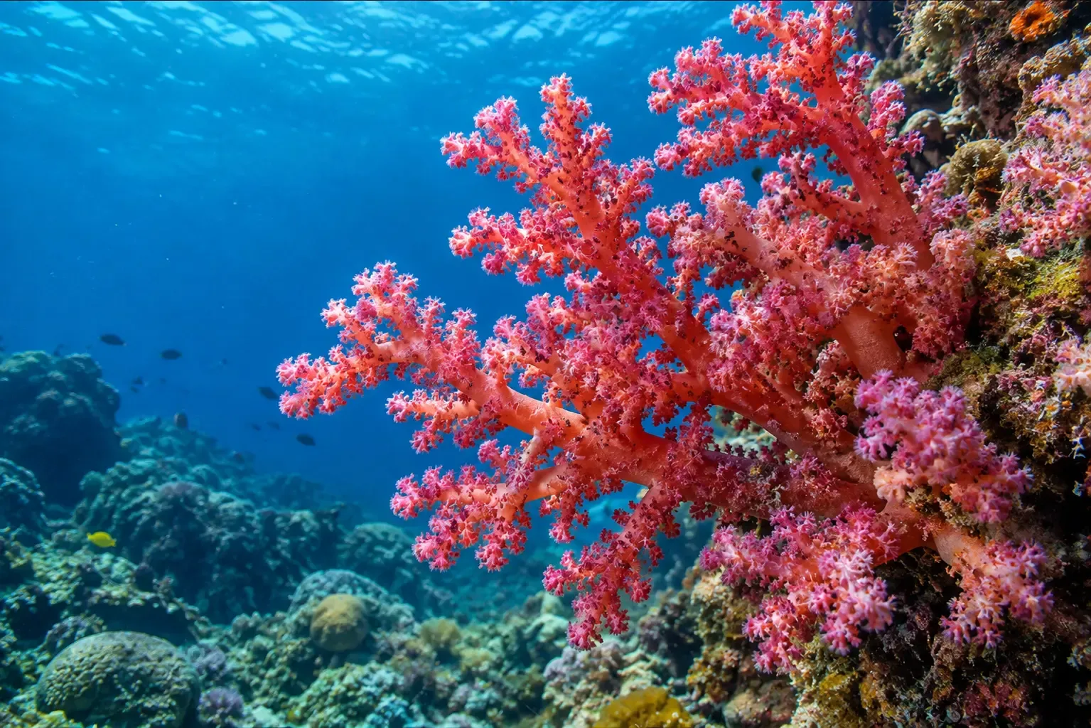 Colonia de coral en el Pacífico Sur, con luz filtrando desde la superficie.
